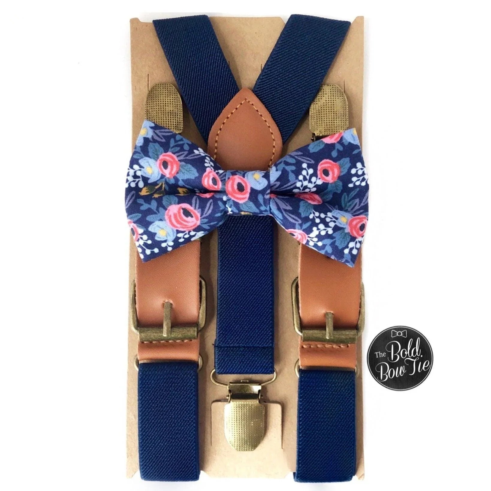 Floral bow tie and suspenders in navy blue