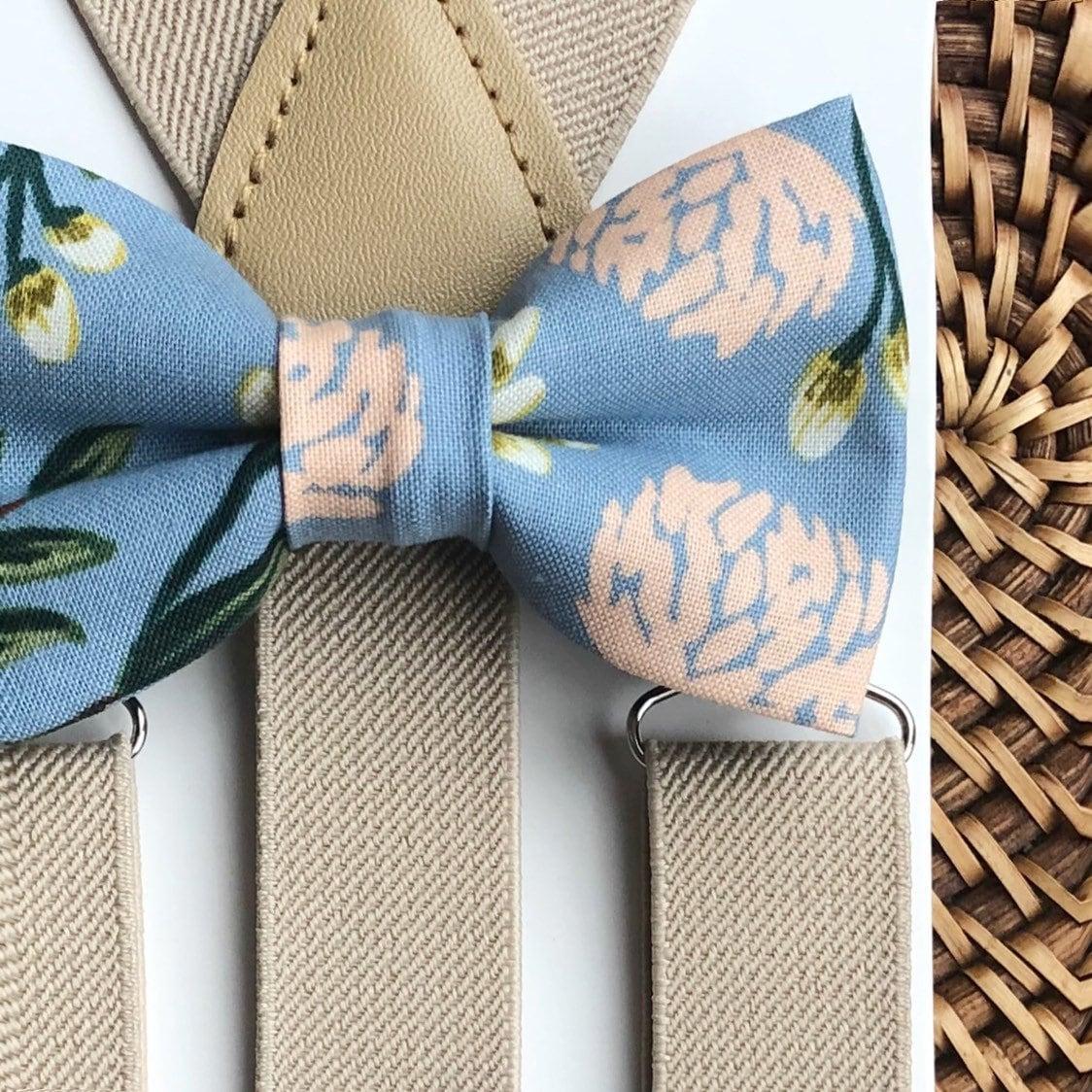 Dusty blue bow tie and khaki tan suspenders for men, toddlers and kids handmade in the USA and pre-tied, for wedding, groomsmen and ring bearer.