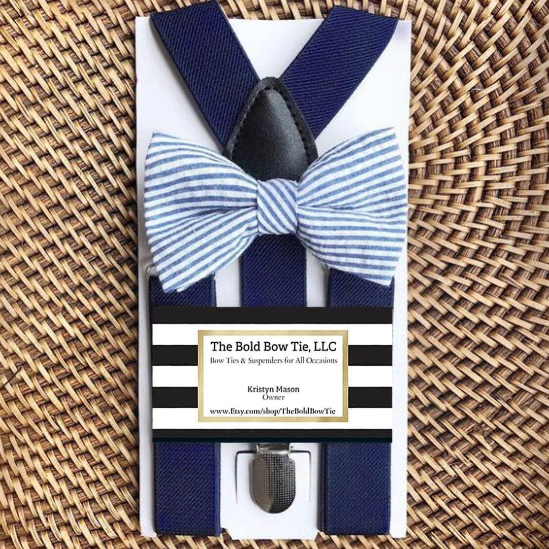 Navy striped bow tie and navy suspenders for men, toddlers and kids handmade in the USA and pre-tied, for wedding, groomsmen and ring bearer.