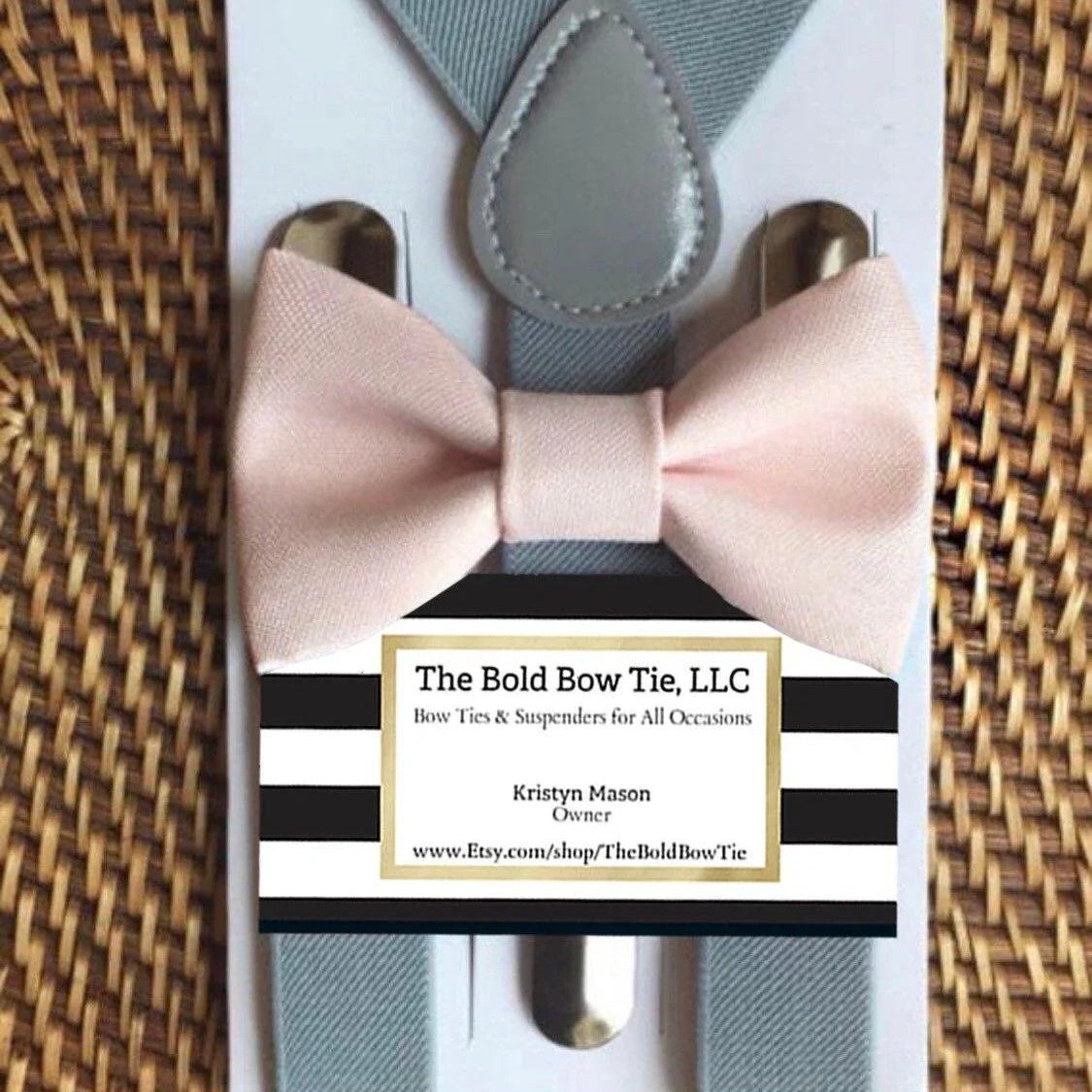 Blush bow tie and gray suspenders for men, toddlers and kids handmade in the USA and pre-tied, for wedding, groomsmen and ring bearer.