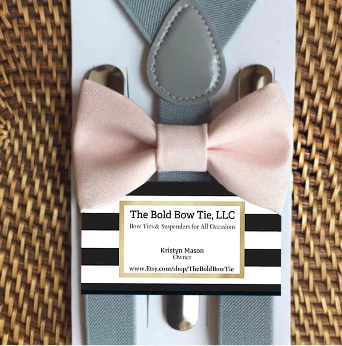 Blush bow tie and gray suspenders for men, toddlers and kids handmade in the USA and pre-tied, for wedding, groomsmen and ring bearer.