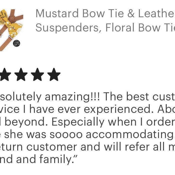Mustard floral bow tie with tan vegan leather suspenders set