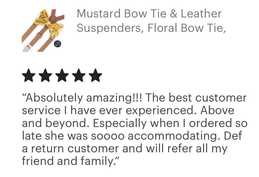 Mustard floral bow tie with tan vegan leather suspenders set
