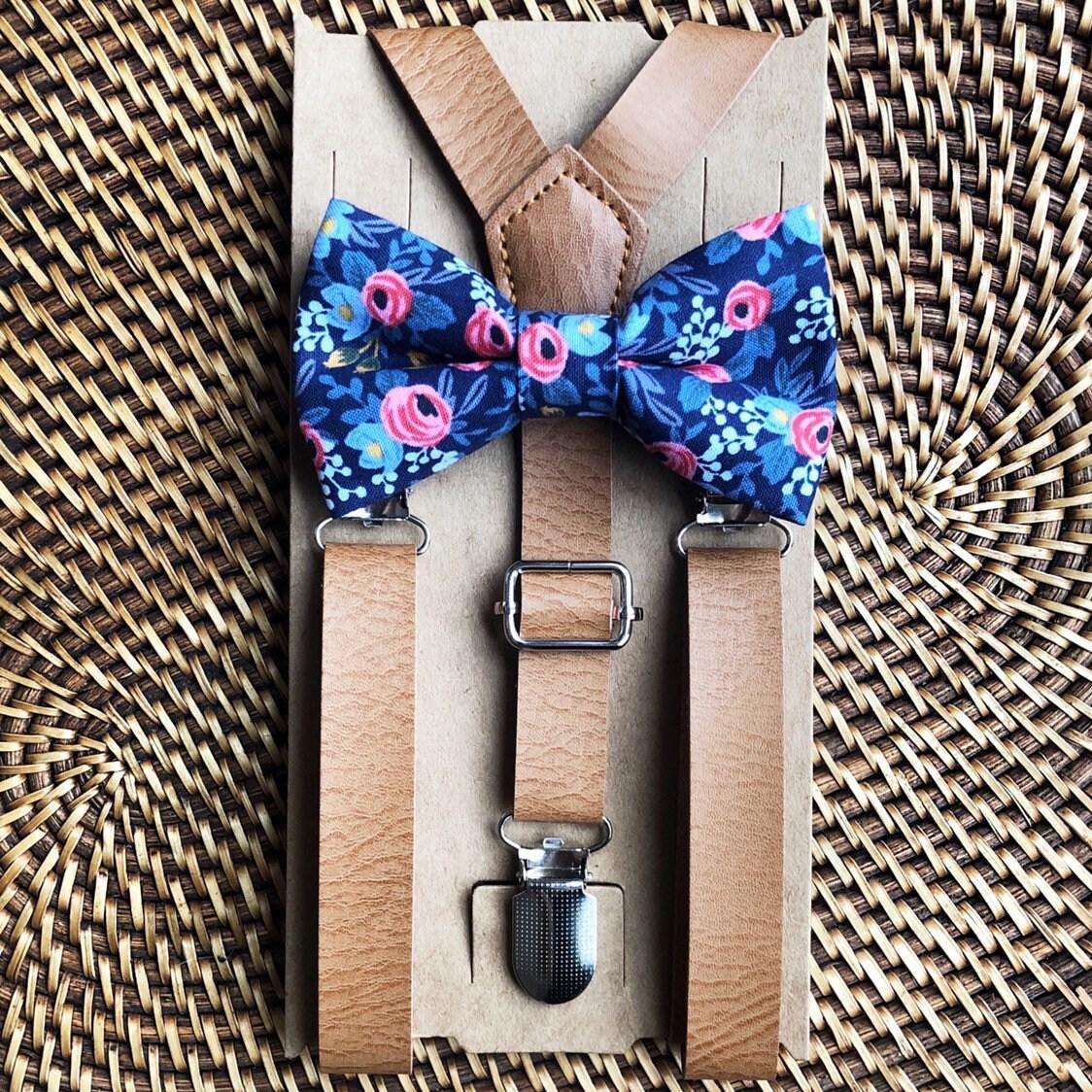 Navy floral bow tie and brown suspenders for men, toddlers and kids handmade in the USA and pre-tied, for wedding, groomsmen and ring bearer.