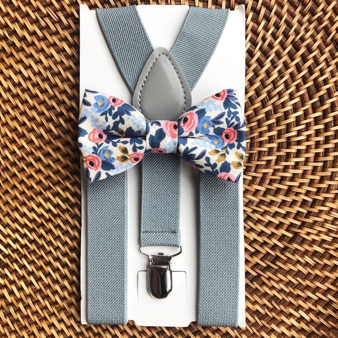 White floral bow tie and gray suspenders for men, toddlers and kids handmade in the USA and pre-tied, for wedding, groomsmen and ring bearer.