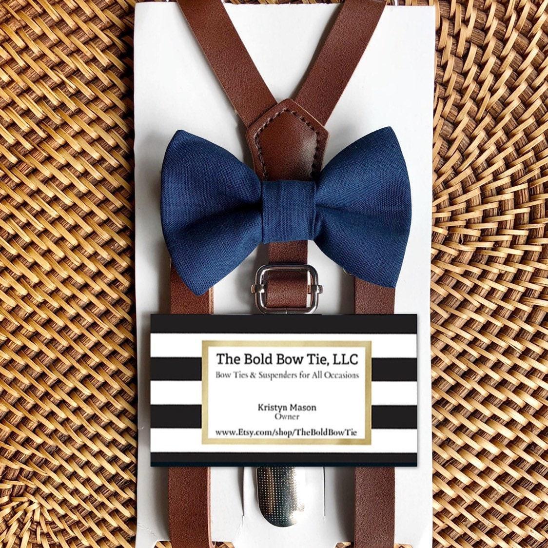 Size chart for suspender and bow tie sets from The Bold Bow Tie. Small (6mo-4yr): 16"-27" suspenders, 3.5" bow. Medium (5-10yr): 20"-32" suspenders, 4" bow. Large (10-18yr): 24"-47" suspenders, 4.5" bow. Adult (Up to 6ft): 27"-55" suspenders, 4.5" bow. Big & Tall (Over 6ft): Up to 63" suspenders, 4.5" bow. Instructions note to measure from the back waistband over the shoulder to the front waistband for a comfortable fit.