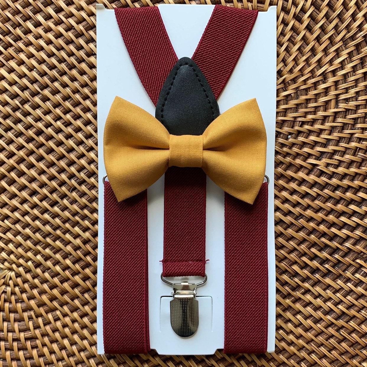 Yellow bow tie and burgundy suspenders for men, toddlers and kids handmade in the USA and pre-tied, for wedding, groomsmen and ring bearer.