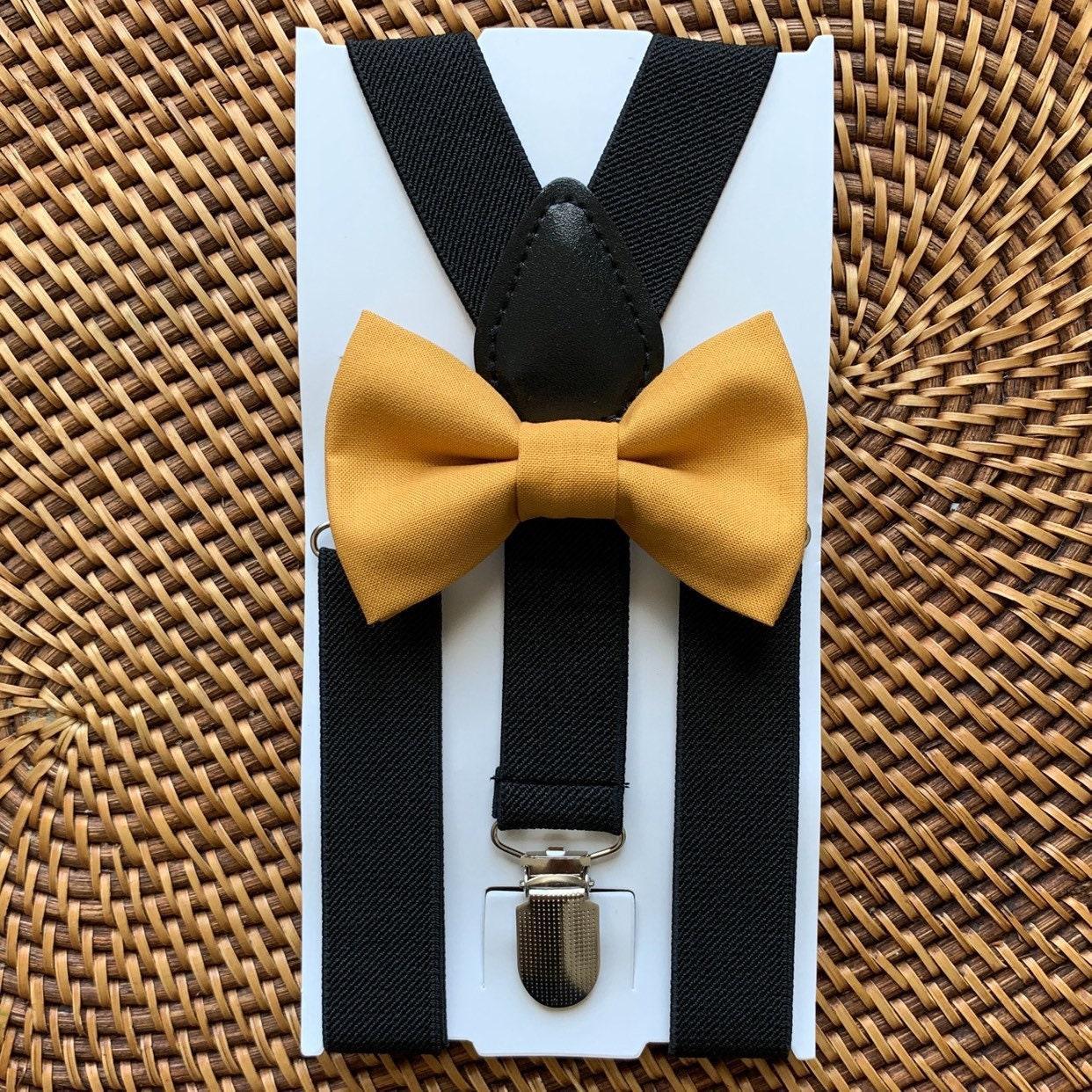 Mustard yellow bow tie and black suspenders for men, toddlers and kids handmade in the USA and pre-tied, for wedding, groomsmen and ring bearer.