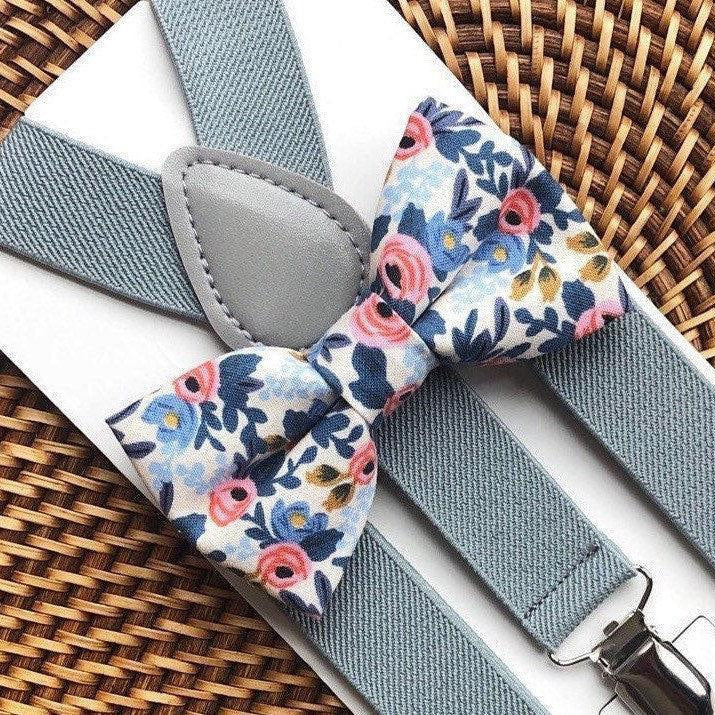 Floral bow tie and gray suspenders for men, toddlers and kids handmade in the USA and pre-tied, for wedding, groomsmen and ring bearer.