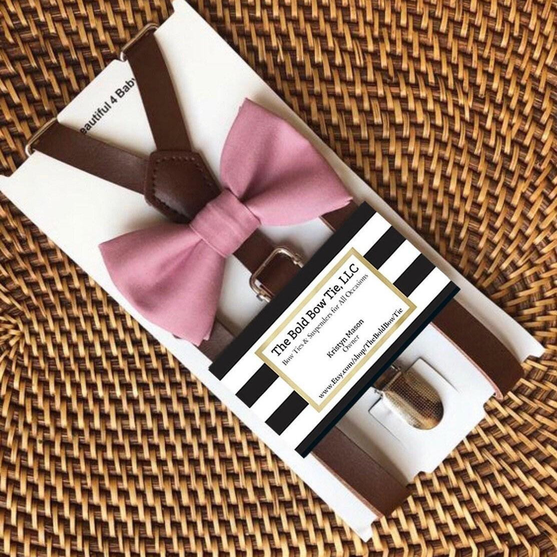 Rose gold bow tie and brown suspenders for men, toddlers and kids handmade in the USA and pre-tied, for wedding, groomsmen and ring bearer.