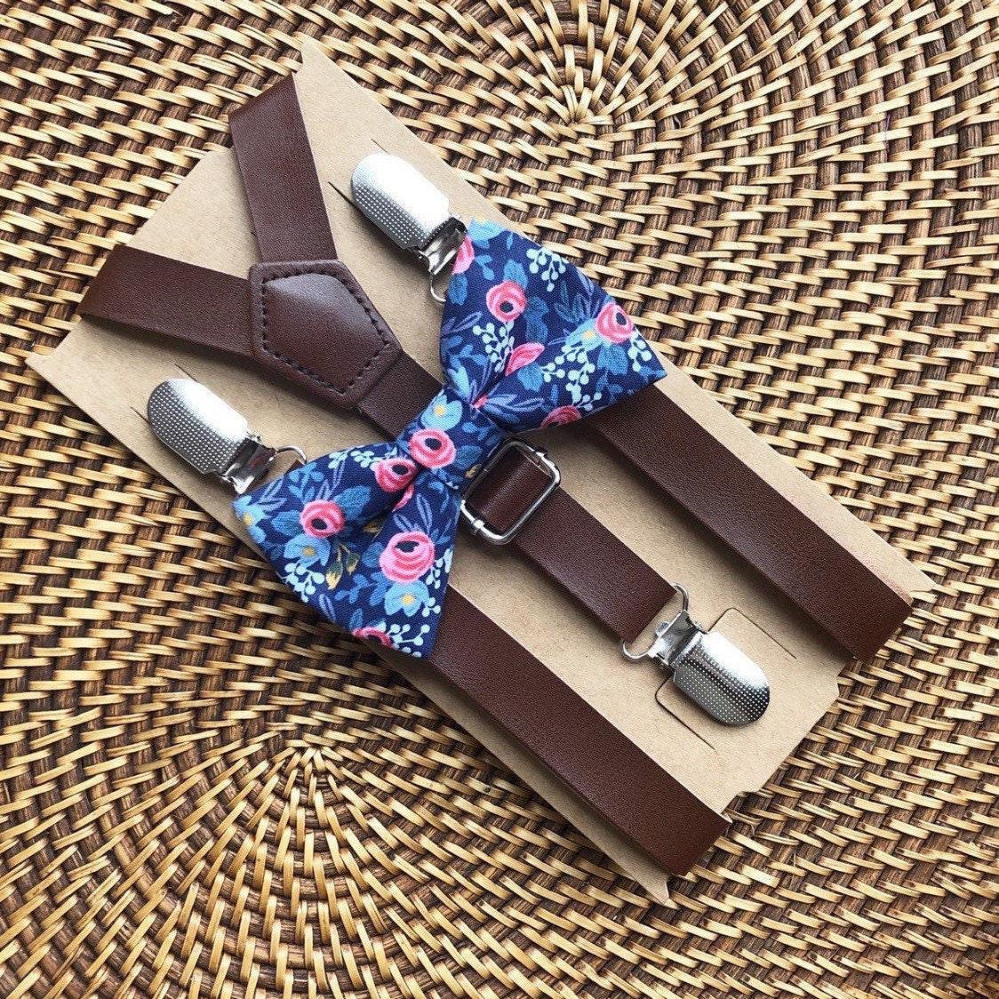 Navy floral bow tie and brown suspenders for men, toddlers and kids handmade in the USA and pre-tied, for wedding, groomsmen and ring bearer.