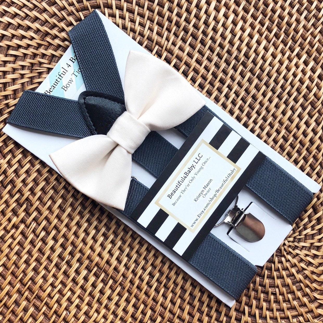 Size chart for suspender and bow tie sets from The Bold Bow Tie. Small (6mo-6yr): 18"-29" suspenders, 3.5" bow. Medium (7-12yr): 25.5"-40" suspenders, 4" bow. Adult (13yr-6ft tall): 25.5"-40" suspenders, 4.5" bow. Big & Tall (Over 6ft tall): 31"-53" suspenders, 4.5" bow. Instructions note to measure from the back waistband over the shoulder to the front waistband for a comfortable fit.