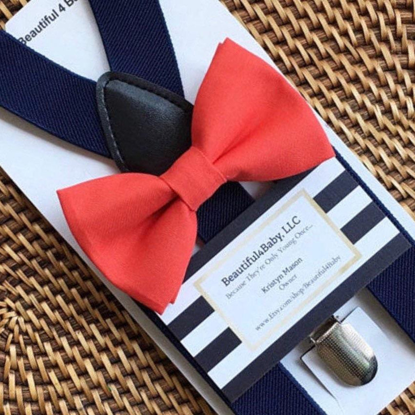 Coral bow tie and navy blue suspenders for men, toddlers and kids handmade in the USA and pre-tied, for wedding, groomsmen and ring bearer.
