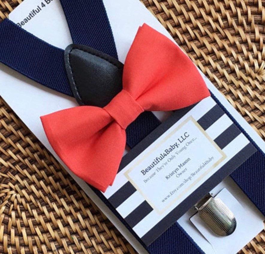 Coral bow tie and navy blue suspenders for men, toddlers and kids handmade in the USA and pre-tied, for wedding, groomsmen and ring bearer.
