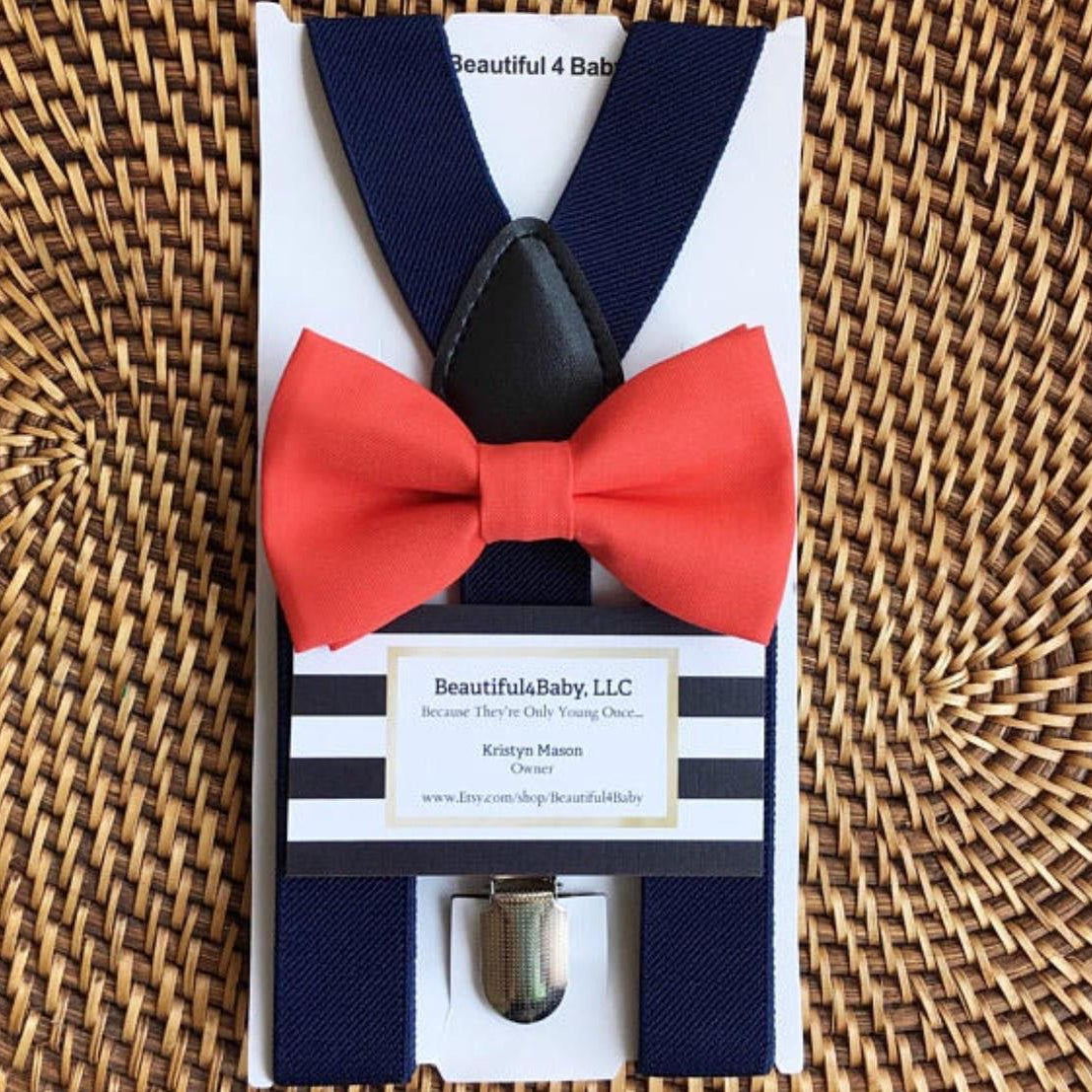 Size chart for suspender and bow tie sets from The Bold Bow Tie. Small (6mo-6yr): 18"-29" suspenders, 3.5" bow. Medium (7-12yr): 25.5"-40" suspenders, 4" bow. Adult (13yr-6ft tall): 25.5"-40" suspenders, 4.5" bow. Big & Tall (Over 6ft tall): 31"-53" suspenders, 4.5" bow. Instructions note to measure from the back waistband over the shoulder to the front waistband for a comfortable fit.
