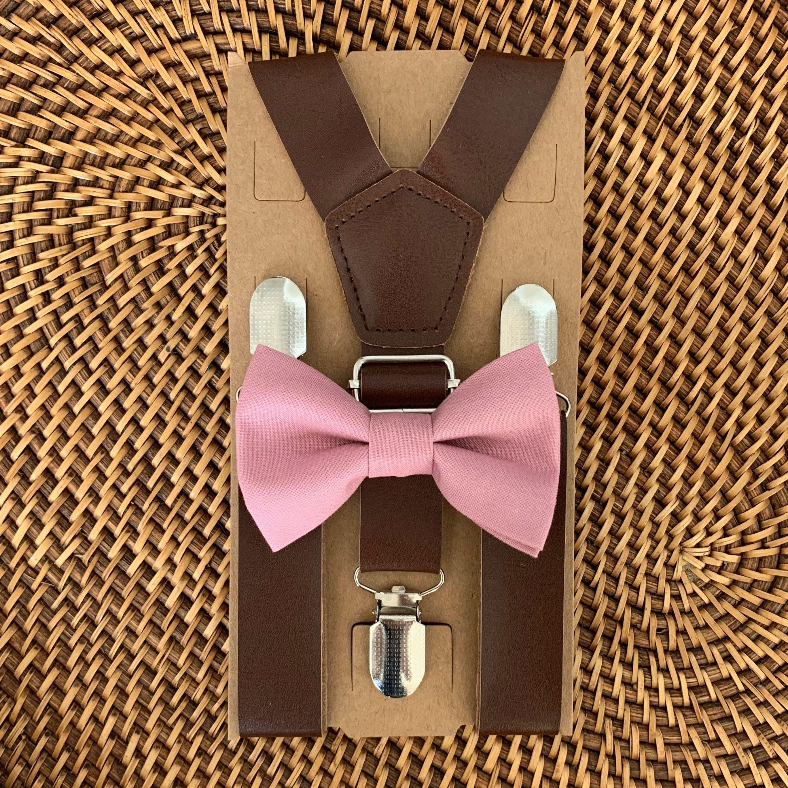 Rose gold bow tie and brown suspenders for men, toddlers and kids handmade in the USA and pre-tied, for wedding, groomsmen and ring bearer.