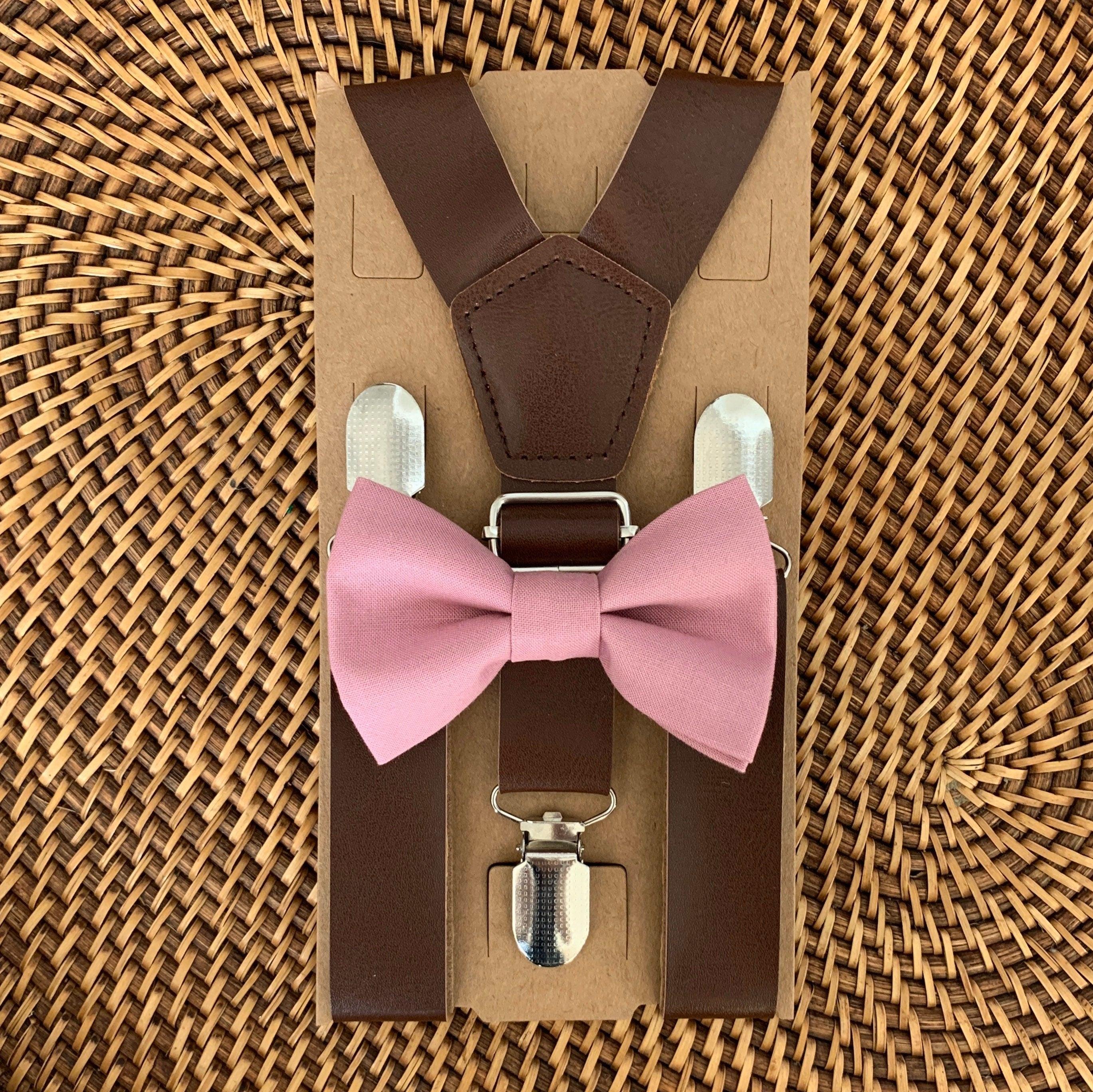 Rose gold bow tie and brown suspenders for men, toddlers and kids handmade in the USA and pre-tied, for wedding, groomsmen and ring bearer.