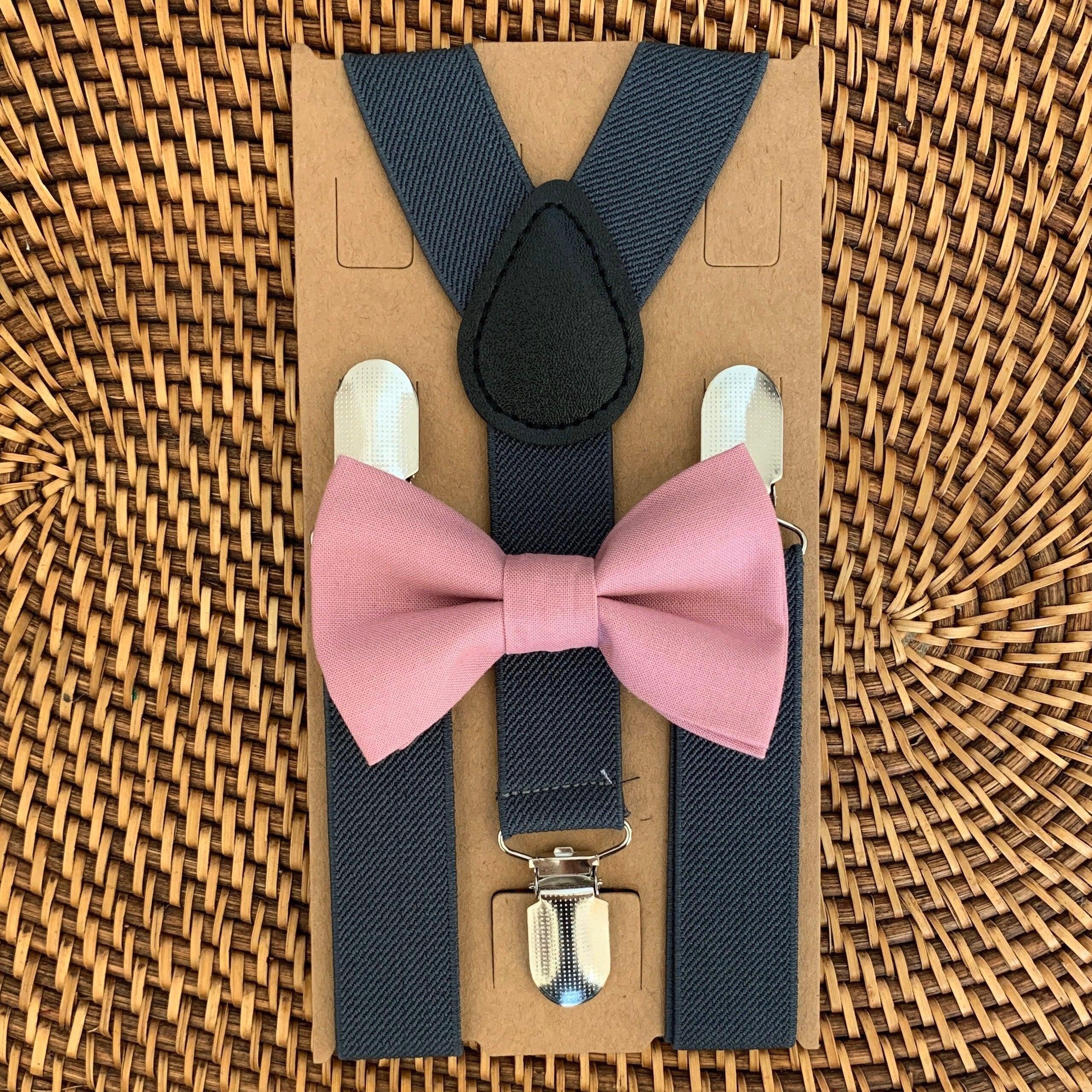Mauve bow tie and gray suspenders for men, toddlers and kids handmade in the USA and pre-tied, for wedding, groomsmen and ring bearer.