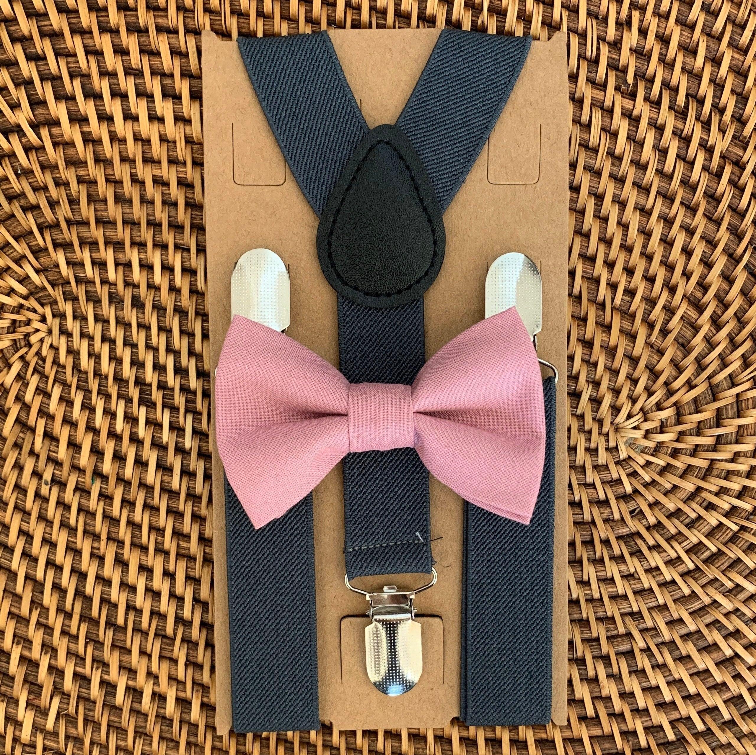 Mauve bow tie and gray suspenders for men, toddlers and kids handmade in the USA and pre-tied, for wedding, groomsmen and ring bearer.