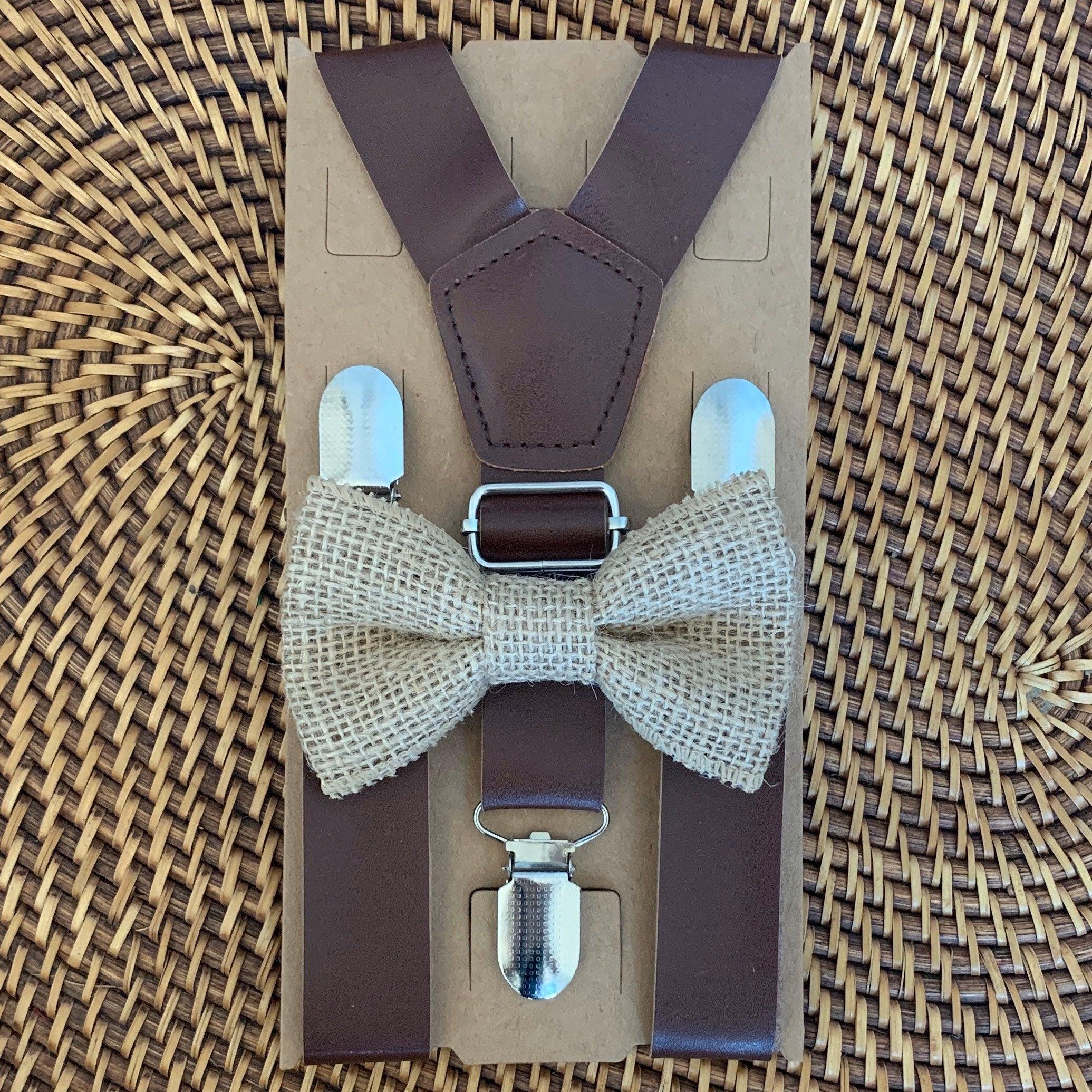 Burlap bow tie and brown suspenders for men, toddlers and kids handmade in the USA and pre-tied, for wedding, groomsmen and ring bearer.