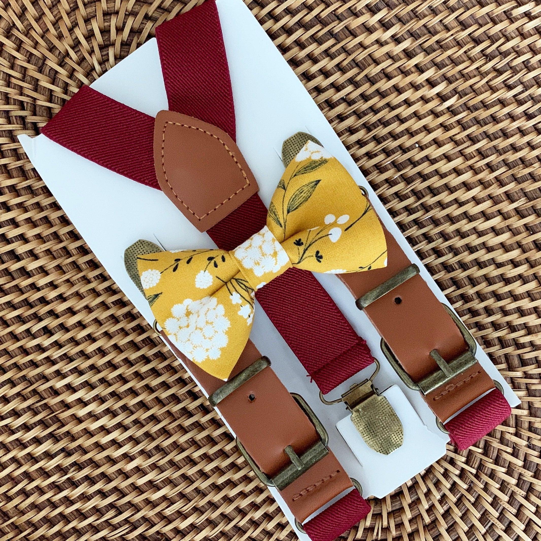 Size chart for suspender and bow tie sets from The Bold Bow Tie. X-Small (6mo-4yr): 15"-23" suspenders, 3.5" bow. Small (5-9yr): 18"-33" suspenders, 3.5" bow. Medium (10-12yr): 18"-33" suspenders, 4" bow. Adult (13yr-6'5"): 30"-53" suspenders, 4.5" bow. Big & Tall (Over 6'5"): 53"+ suspenders, 4.5" bow. Instructions note to measure from the back waistband over the shoulder to the front waistband for a comfortable fit.