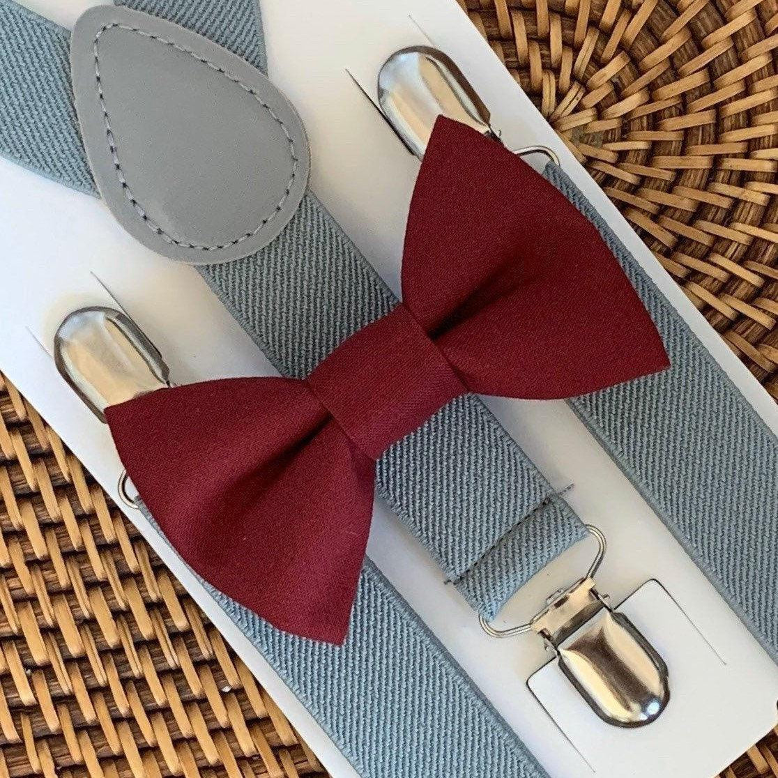 Maroon bow tie and light gray suspenders for men, toddlers and kids handmade in the USA and pre-tied, for wedding, groomsmen and ring bearer.