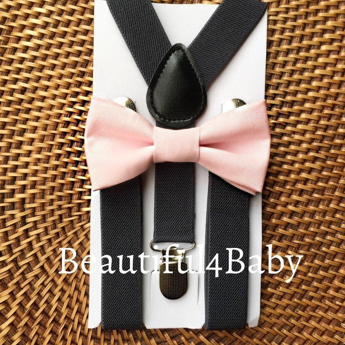 Blush pink bow tie and suspenders for wedding.