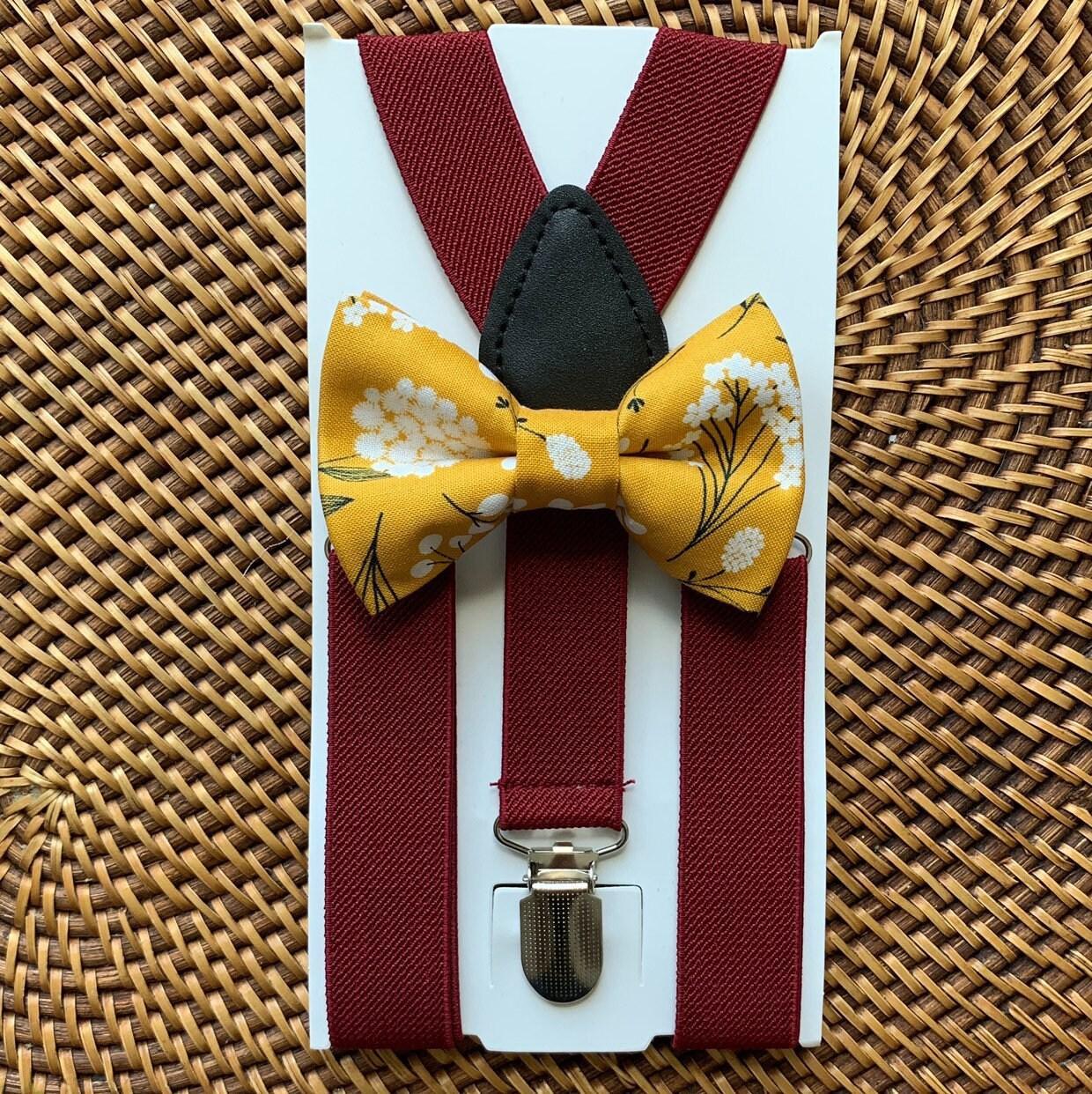 Mustard yellow floral bow tie and burgundy suspenders for men, toddlers and kids handmade in the USA and pre-tied, for wedding, groomsmen and ring bearer.
