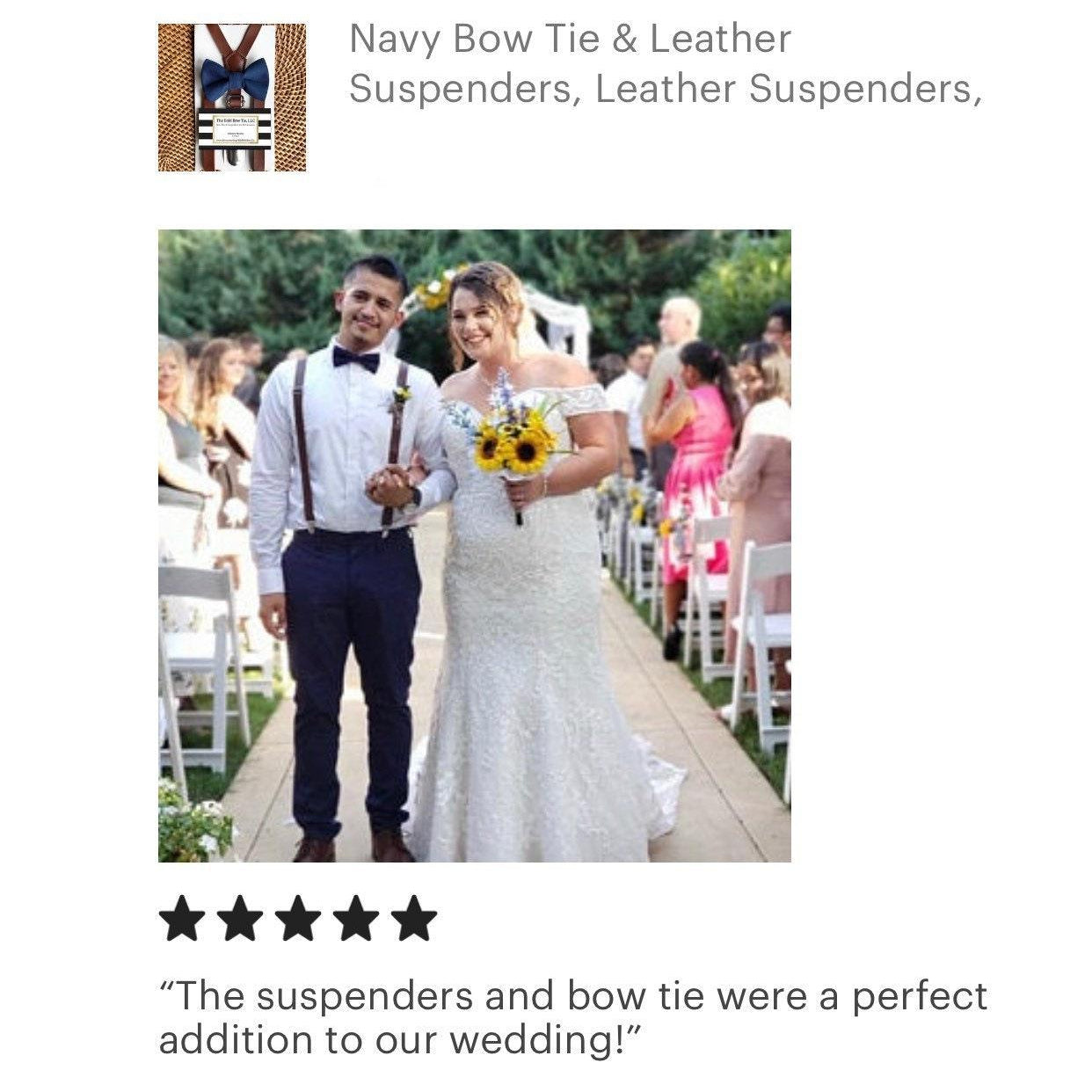 5 Star Review for Navy Bow Tie & Dark Brown Vegan Leather Suspenders Set for wedding, groomsmen and ring bearer.