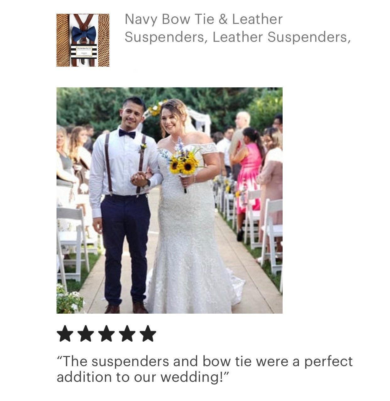 5 Star Review for Navy Bow Tie & Dark Brown Vegan Leather Suspenders Set for wedding, groomsmen and ring bearer.