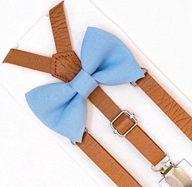 Dusty blue bow tie and brown suspenders for men, toddlers and kids handmade in the USA and pre-tied, for wedding, groomsmen and ring bearer.