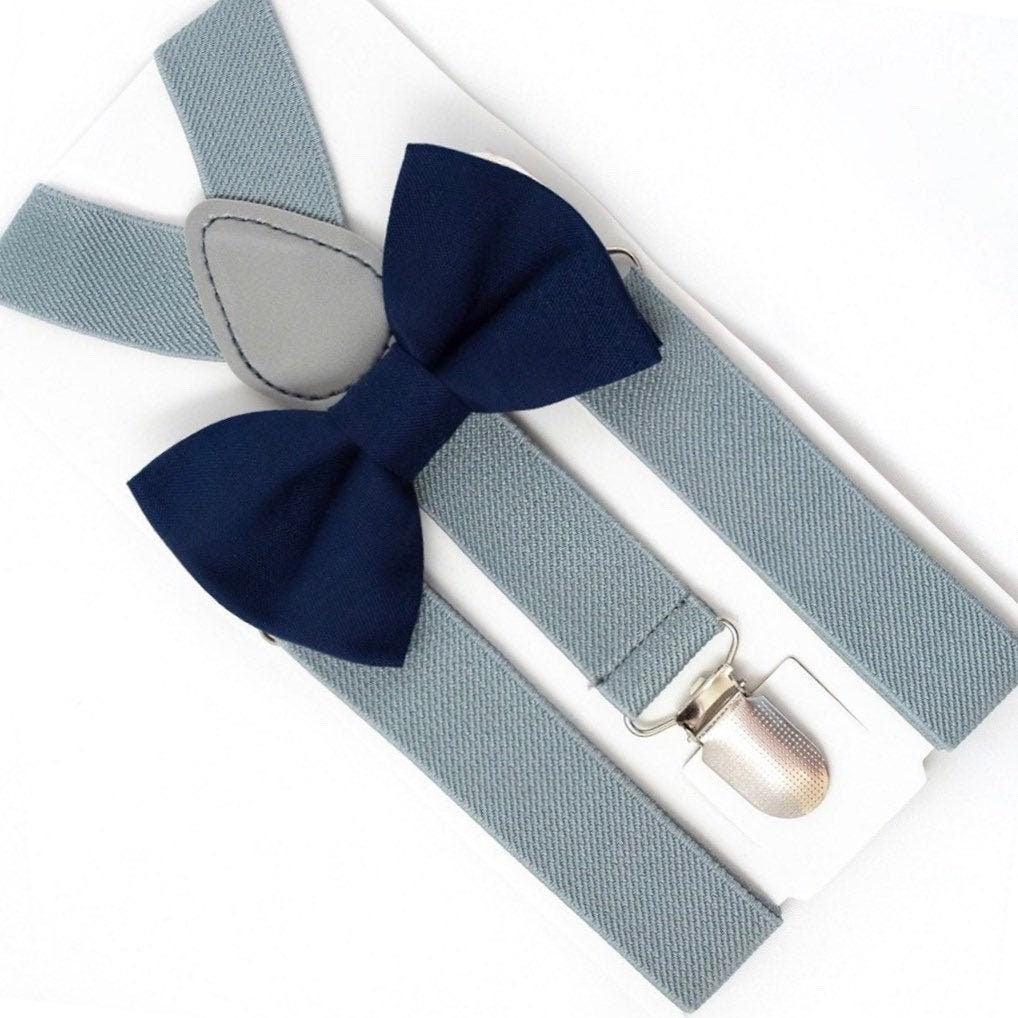 Navy blue bow tie and gray suspenders for men, toddlers and kids handmade in the USA and pre-tied, for wedding, groomsmen and ring bearer.