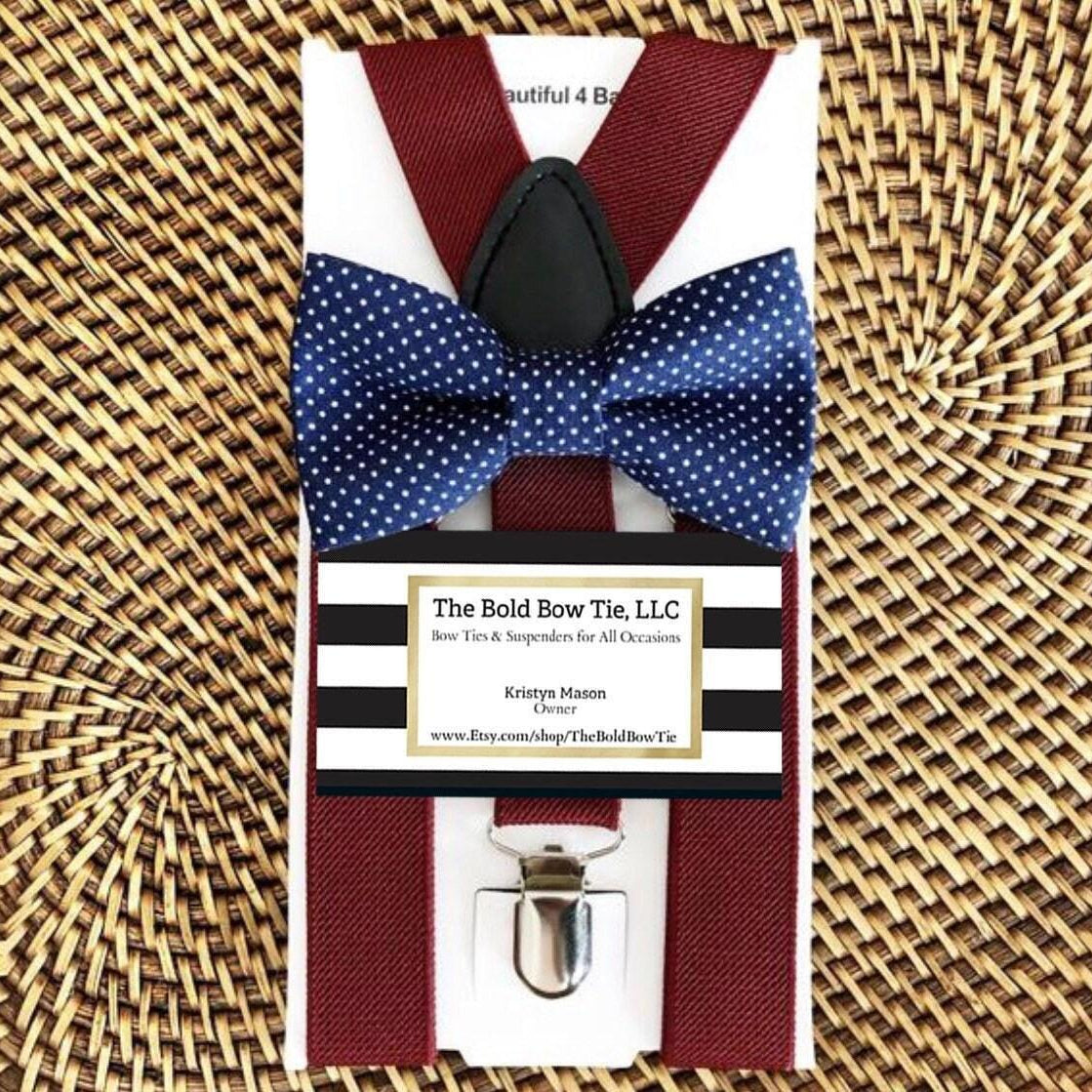 The Bold Bow Tie size chart for bow tie and suspender sets showing Small, Medium, Adult, and Big & Tall sizes with typical age ranges, suspender lengths, and bow tie widths. Small fits ages 6 months–6 years with 18–29 inch suspenders and a 3.5 inch bow tie; Medium fits ages 7–12 years with 25.5–40 inch suspenders and a 4 inch bow tie; Adult fits ages 13 years–6 feet tall with 25.5–40 inch suspenders and a 4.5 inch bow tie; Big & Tall fits over 6 feet tall with 31–53 inch suspenders and a 4.5 inch bow tie.