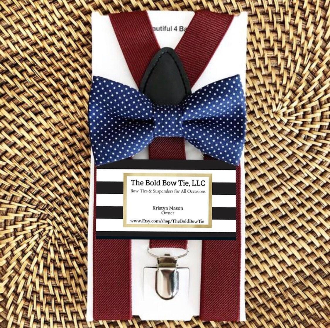 The Bold Bow Tie size chart for bow tie and suspender sets showing Small, Medium, Adult, and Big & Tall sizes with typical age ranges, suspender lengths, and bow tie widths. Small fits ages 6 months–6 years with 18–29 inch suspenders and a 3.5 inch bow tie; Medium fits ages 7–12 years with 25.5–40 inch suspenders and a 4 inch bow tie; Adult fits ages 13 years–6 feet tall with 25.5–40 inch suspenders and a 4.5 inch bow tie; Big & Tall fits over 6 feet tall with 31–53 inch suspenders and a 4.5 inch bow tie.