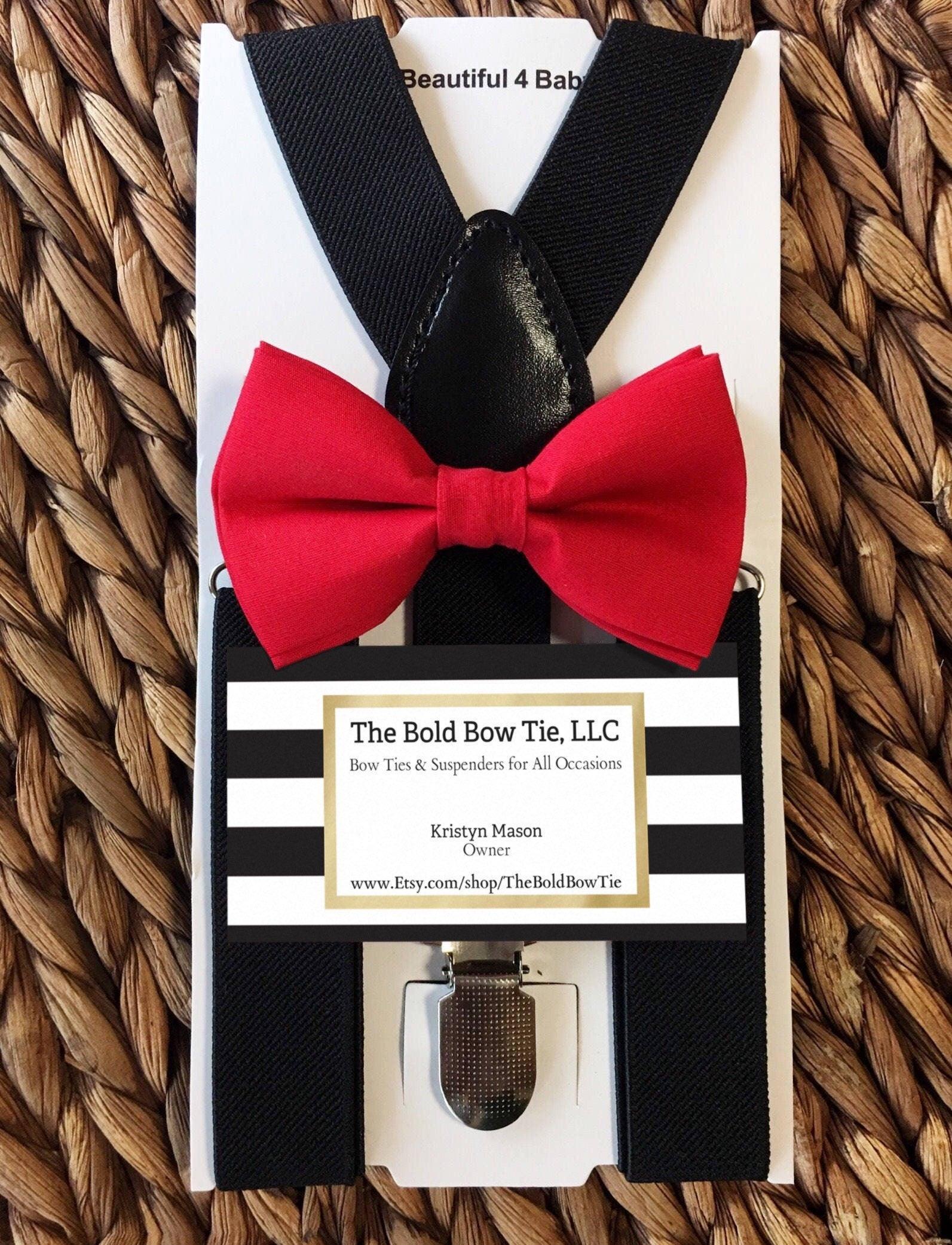 Size chart for suspender and bow tie sets from The Bold Bow Tie. Small (6mo-6yr): 18"-29" suspenders, 3.5" bow. Medium (7-12yr): 25.5"-40" suspenders, 4" bow. Adult (13yr-6ft tall): 25.5"-40" suspenders, 4.5" bow. Big & Tall (Over 6ft tall): 31"-53" suspenders, 4.5" bow. Instructions note to measure from the back waistband over the shoulder to the front waistband for a comfortable fit.