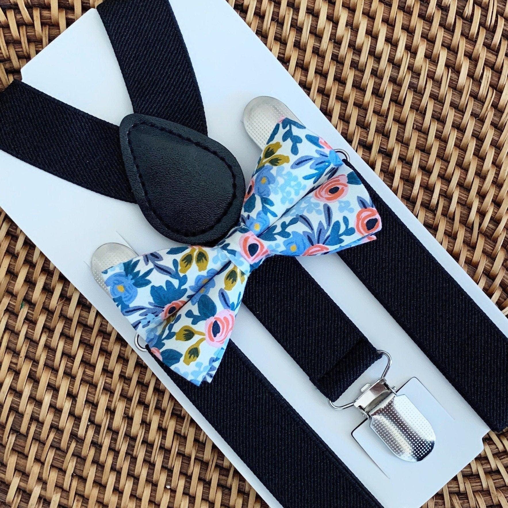 White floral bow tie and black suspenders for men, toddlers and kids handmade in the USA and pre-tied, for wedding, groomsmen and ring bearer.