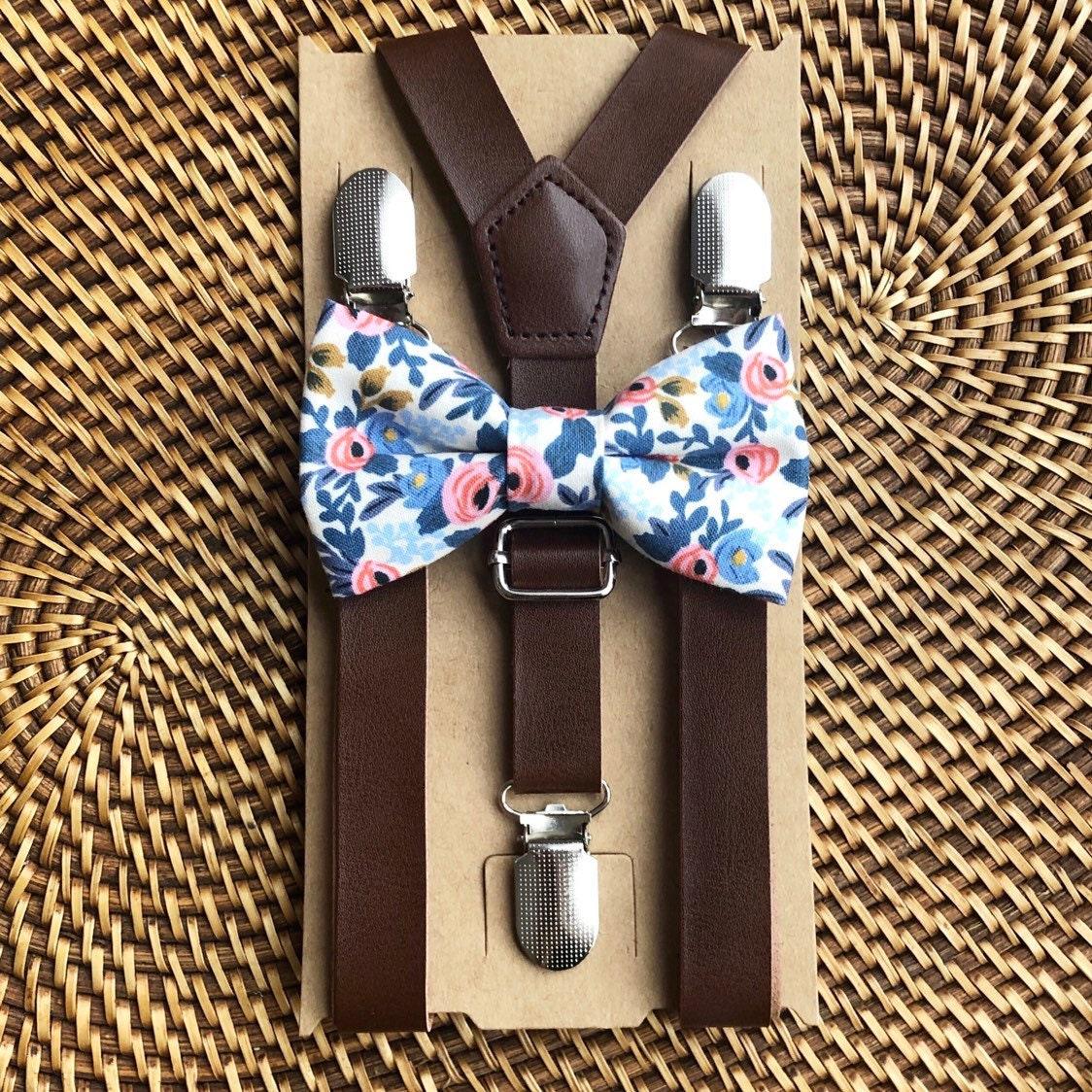 Navy & White Rose Bow Tie and Dark Brown Vegan Leather Suspenders