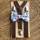 Navy & White Rose Bow Tie and Dark Brown Vegan Leather Suspenders