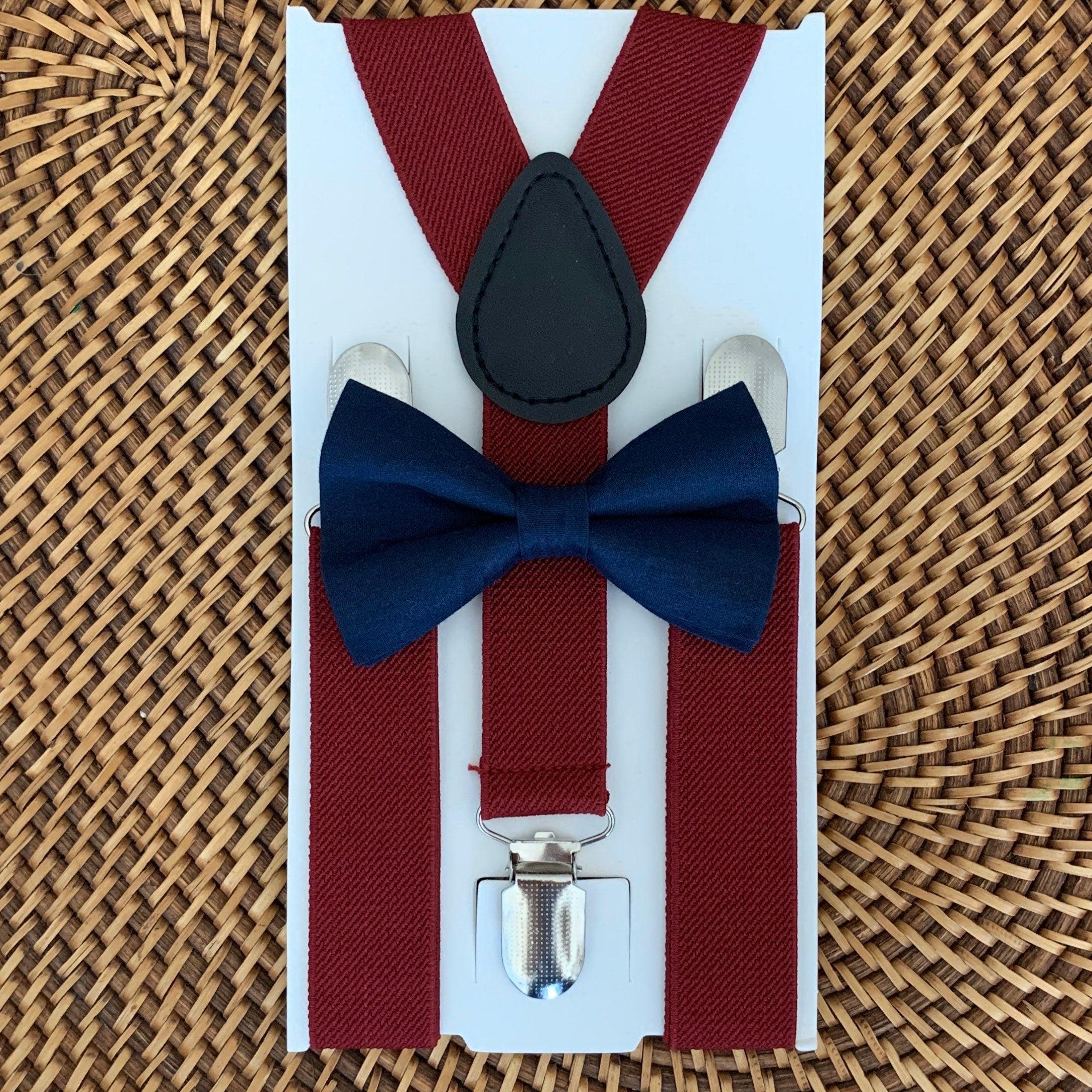 Navy bow tie and burgundy suspenders for men, toddlers and kids handmade in the USA and pre-tied, for wedding, groomsmen and ring bearer.