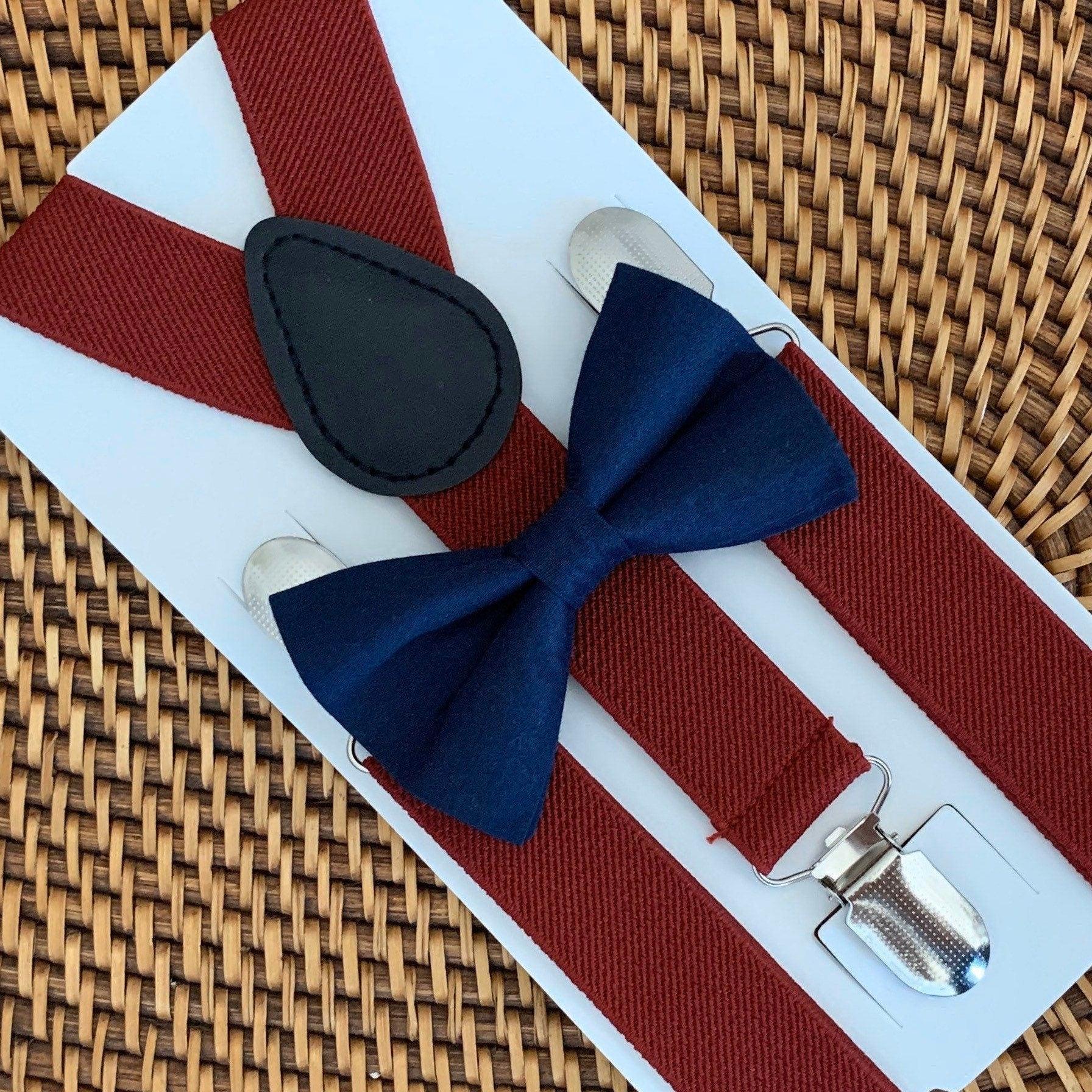 Navy blue bow tie and burgundy suspenders for men, toddlers and kids handmade in the USA and pre-tied, for wedding, groomsmen and ring bearer.