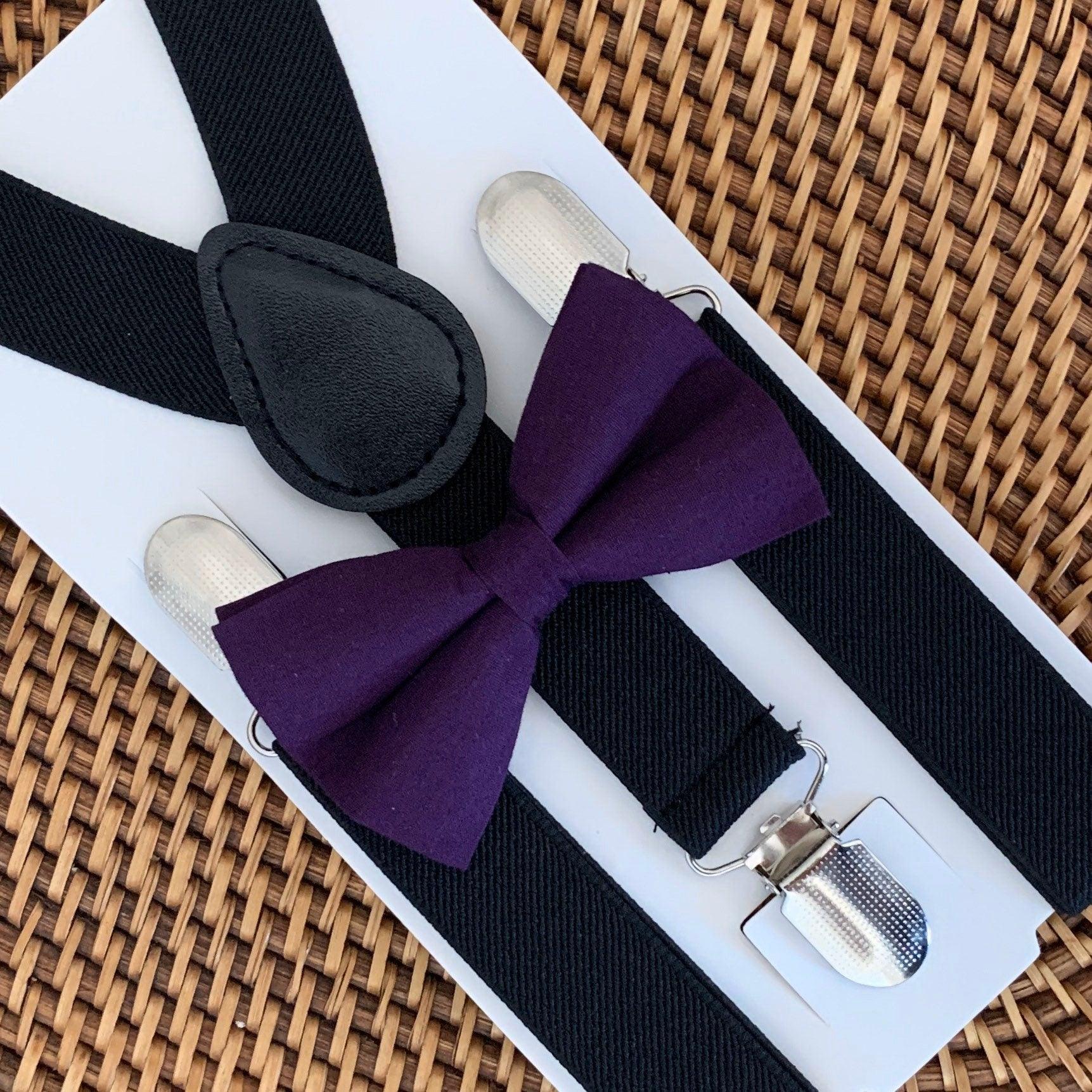 Purple bow tie and black suspenders for men, toddlers and kids handmade in the USA and pre-tied, for wedding, groomsmen and ring bearer.