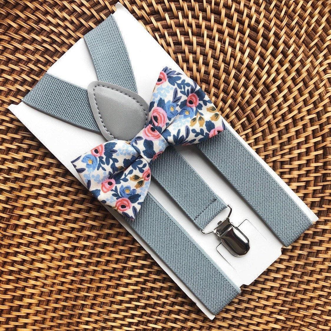 Floral bow tie and gray suspenders for men, toddlers and kids handmade in the USA and pre-tied, for wedding, groomsmen and ring bearer.