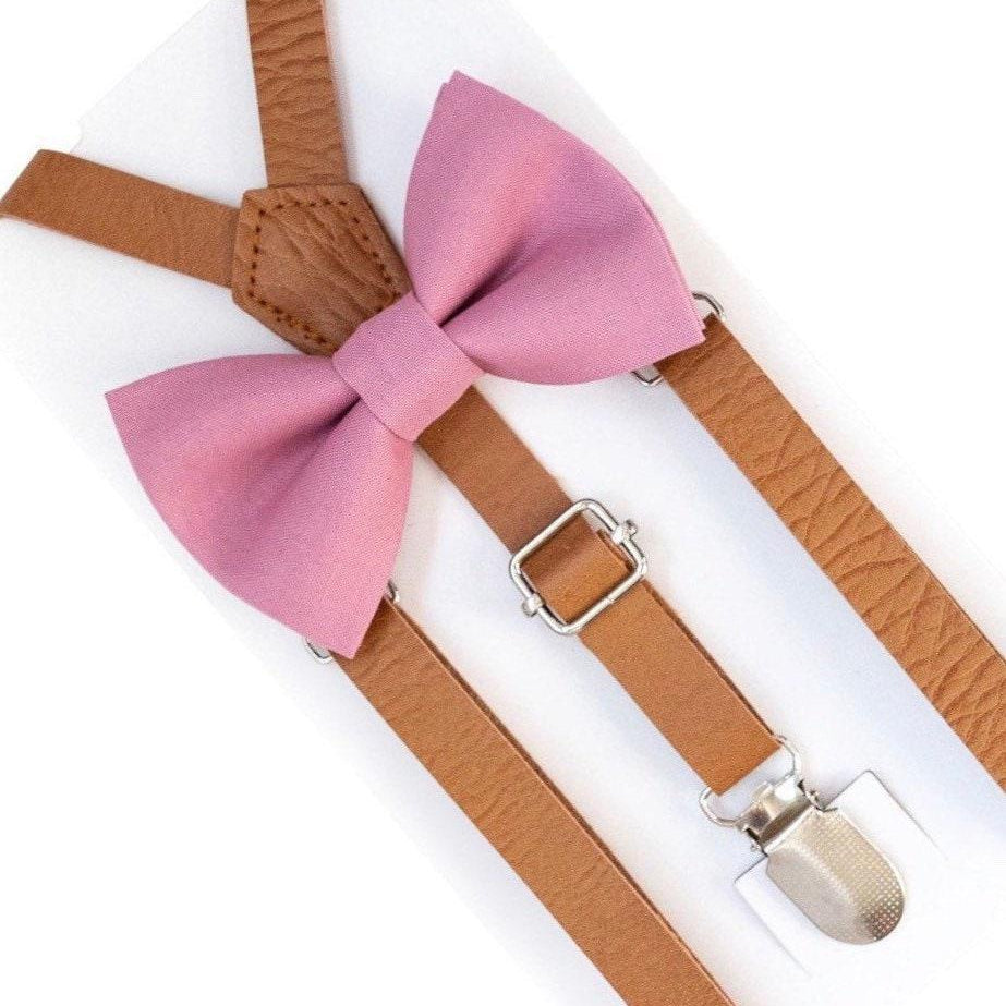 Pink bow tie and brown suspenders for men, toddlers and kids handmade in the USA and pre-tied, for wedding, groomsmen and ring bearer.