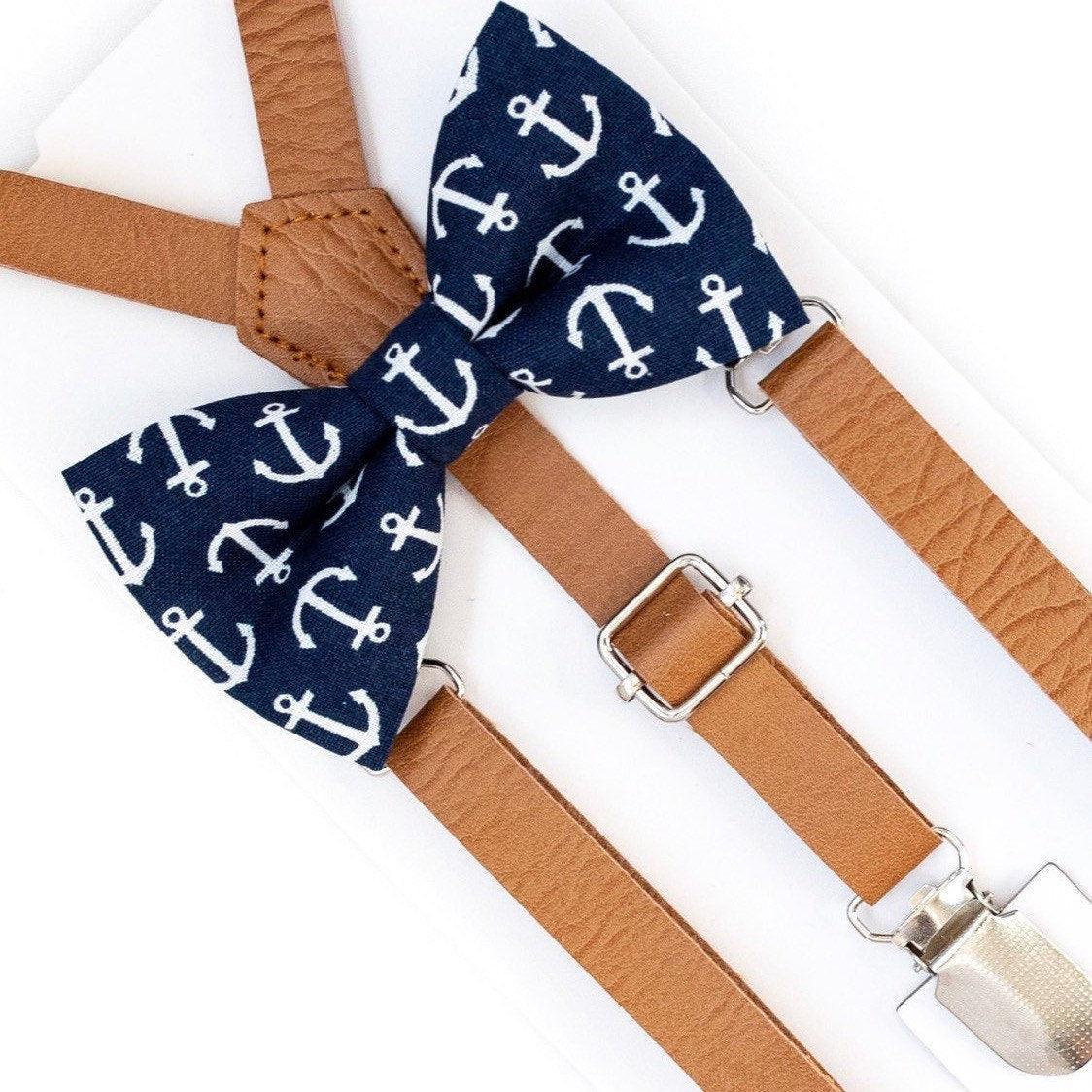 Navy bow tie with anchors and brown suspenders for men, toddlers and kids handmade in the USA and pre-tied, for wedding, groomsmen and ring bearer.