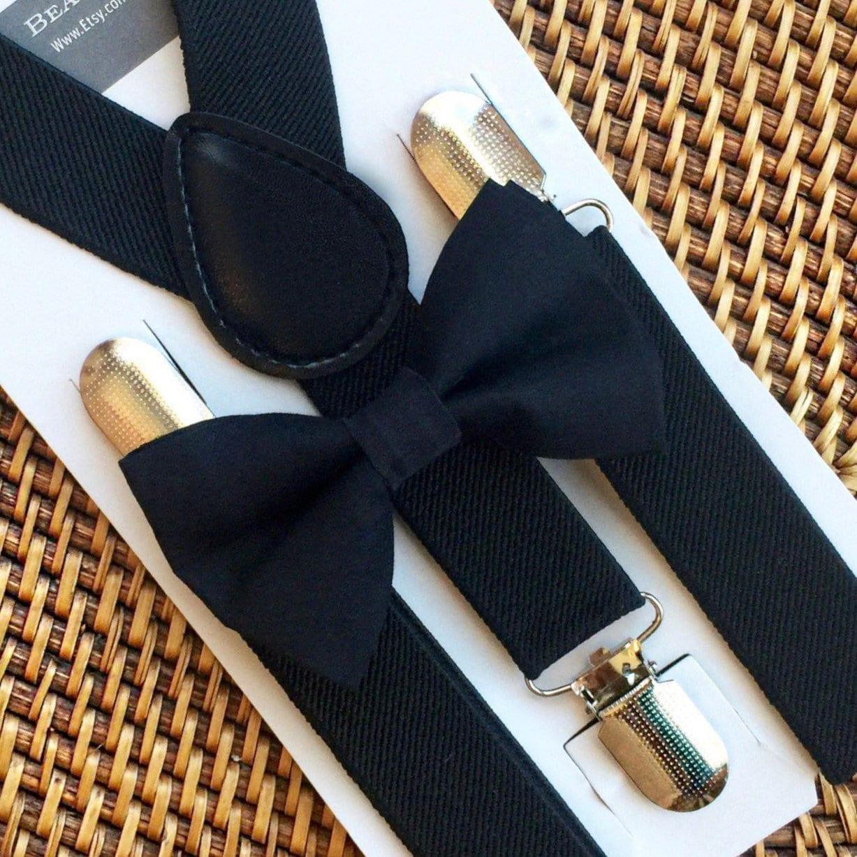 Black bow tie and black suspenders with silver clips for men, toddlers and kids handmade in the USA and pre-tied, for wedding, groomsmen and ring bearer.