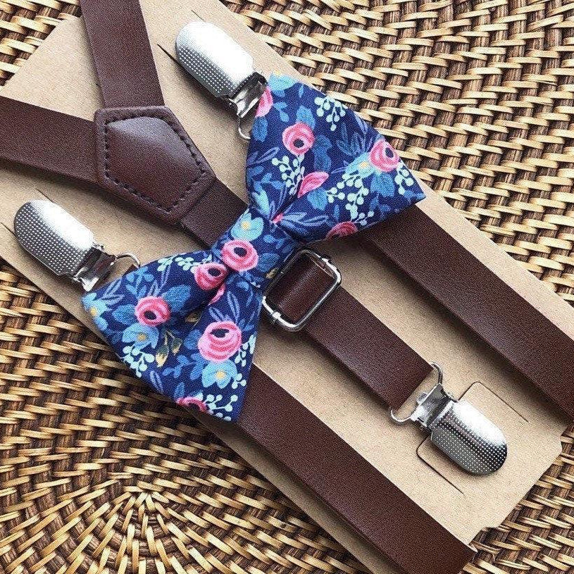Floral bow tie and brown suspenders for men, toddlers and kids handmade in the USA and pre-tied, for wedding, groomsmen and ring bearer.