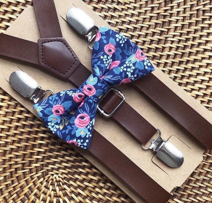 Floral bow tie and brown suspenders for men, toddlers and kids handmade in the USA and pre-tied, for wedding, groomsmen and ring bearer.