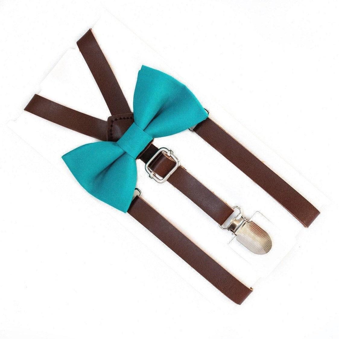 Teal bow tie and brown suspenders for men, toddlers and kids handmade in the USA and pre-tied, for wedding, groomsmen and ring bearer.