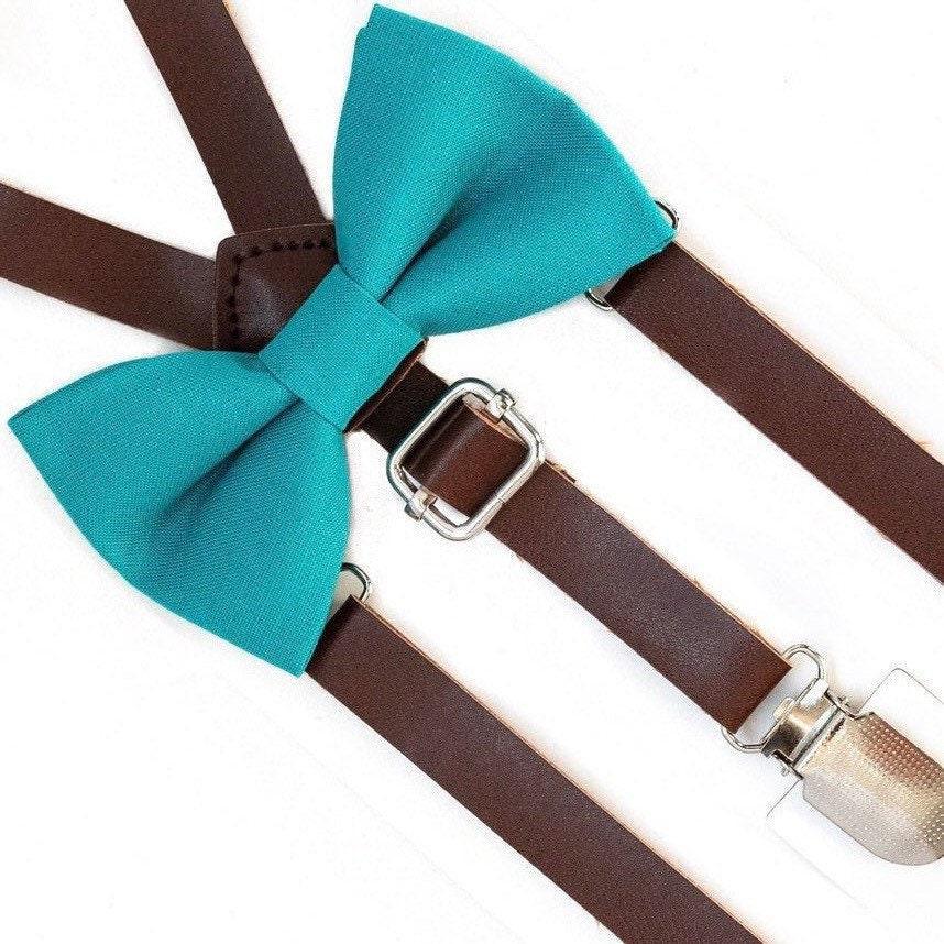 Turquoise bow tie and brown suspenders for men, toddlers and kids handmade in the USA and pre-tied, for wedding, groomsmen and ring bearer.