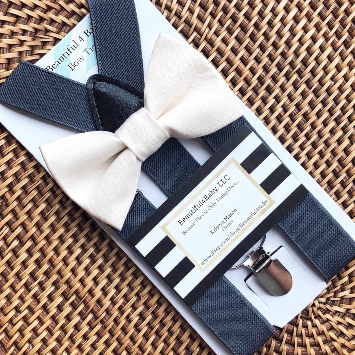 White bow tie and Gray suspenders for men, toddlers and kids handmade in the USA and pre-tied, for wedding, groomsmen and ring bearer.